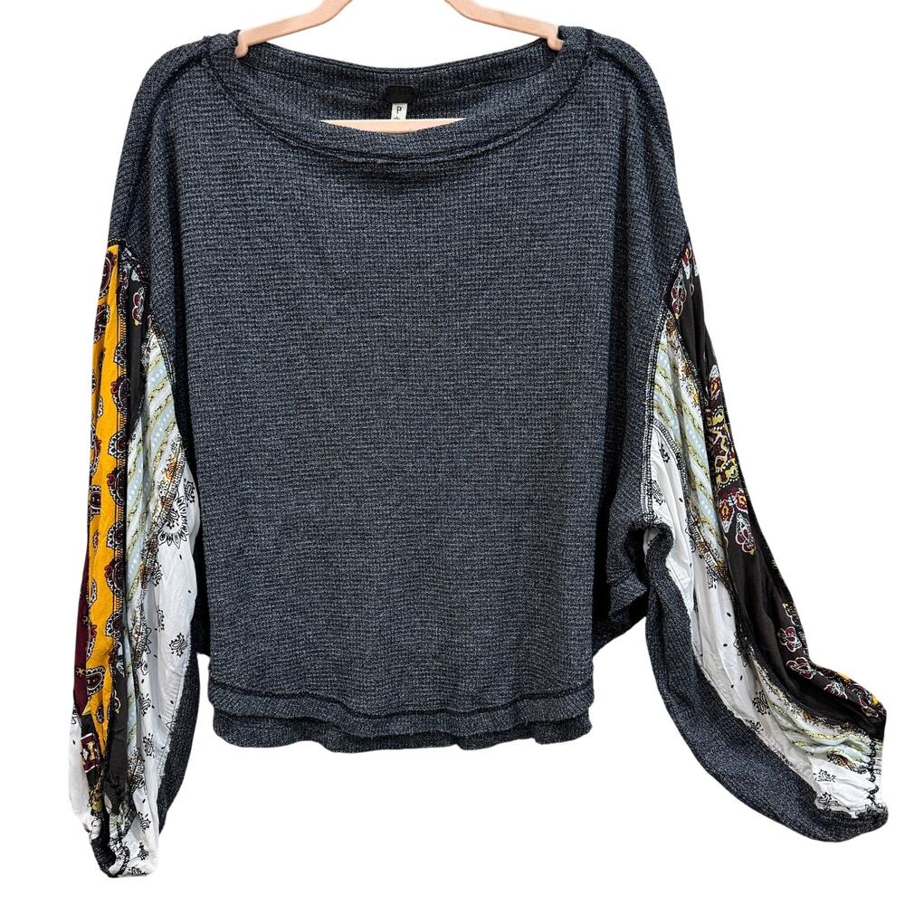 FREE PEOPLE Blossom Thermal Top Small Charcoal Waffle Knit Pieced Full Sleeves